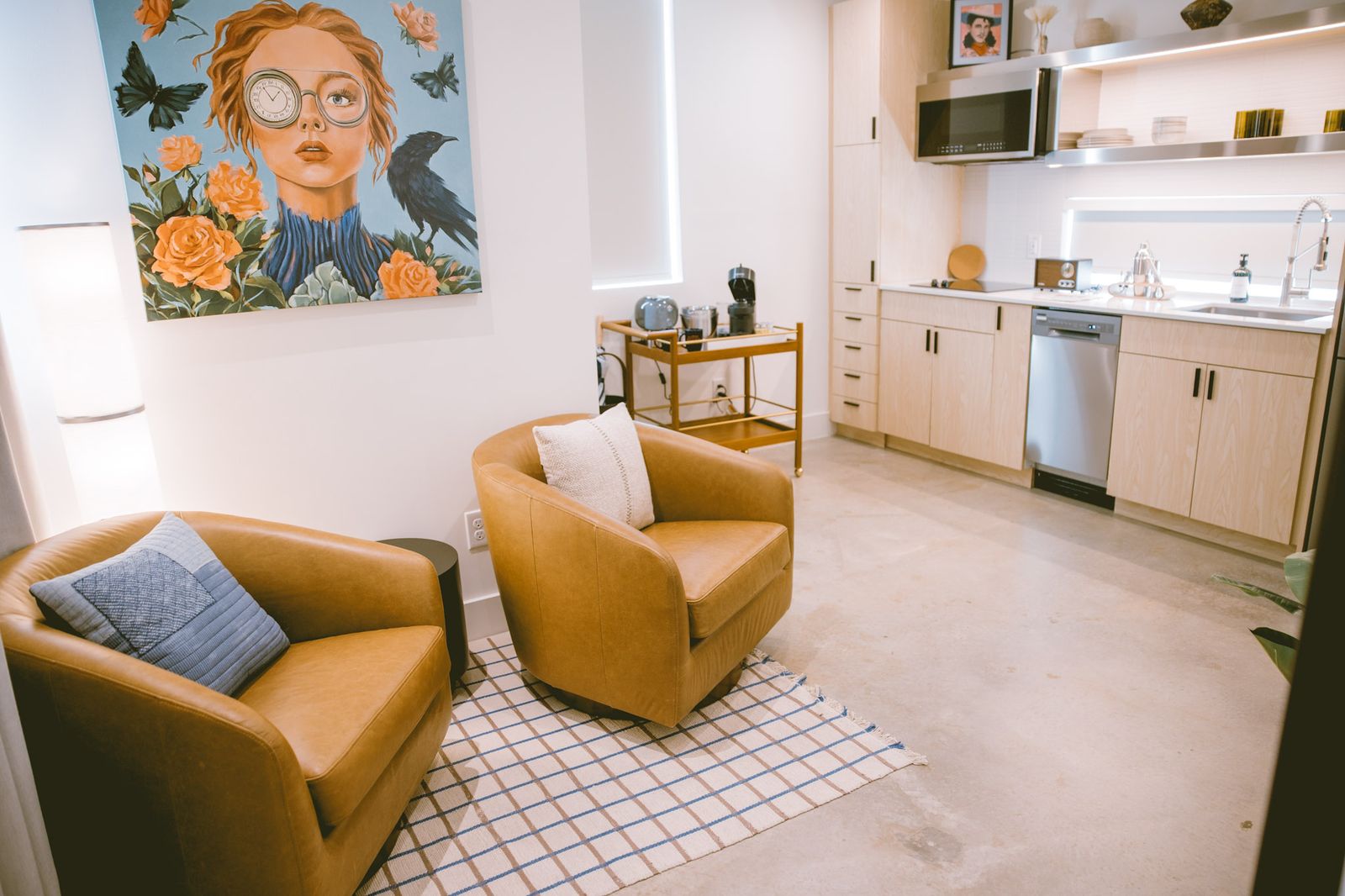 Living area and kitchen inside a private casita at Hotel SOMA