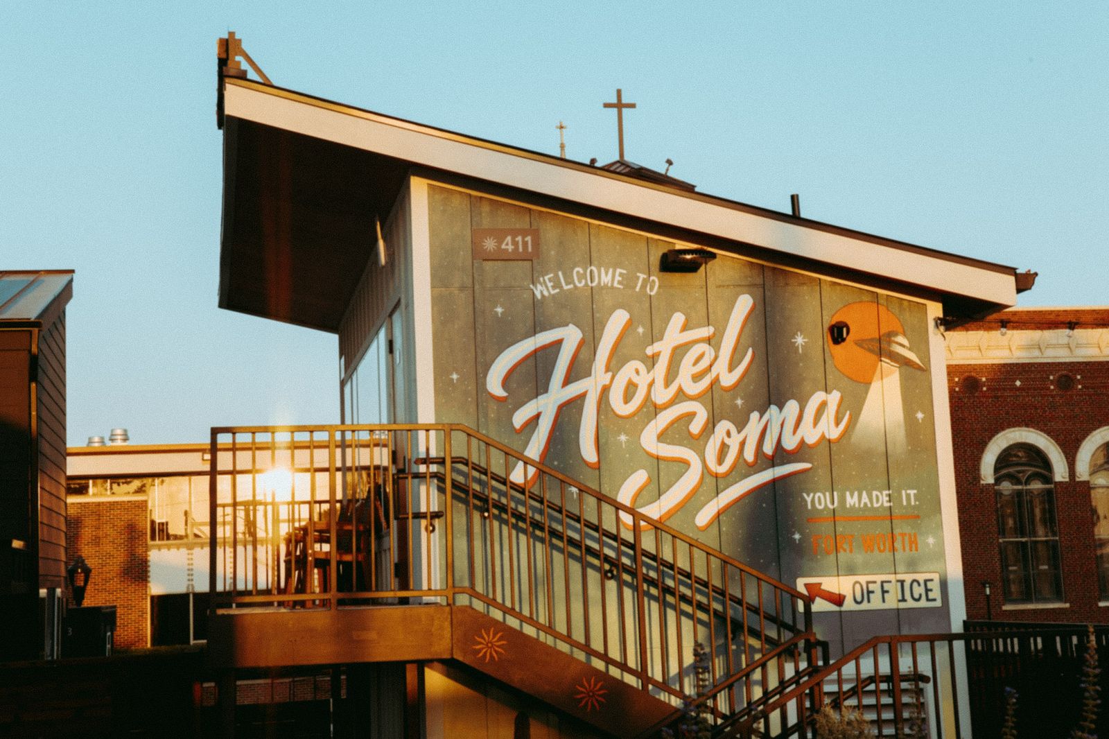 The hand-painted Welcome to Hotel SOMA mural in Fort Worth's South Main Village