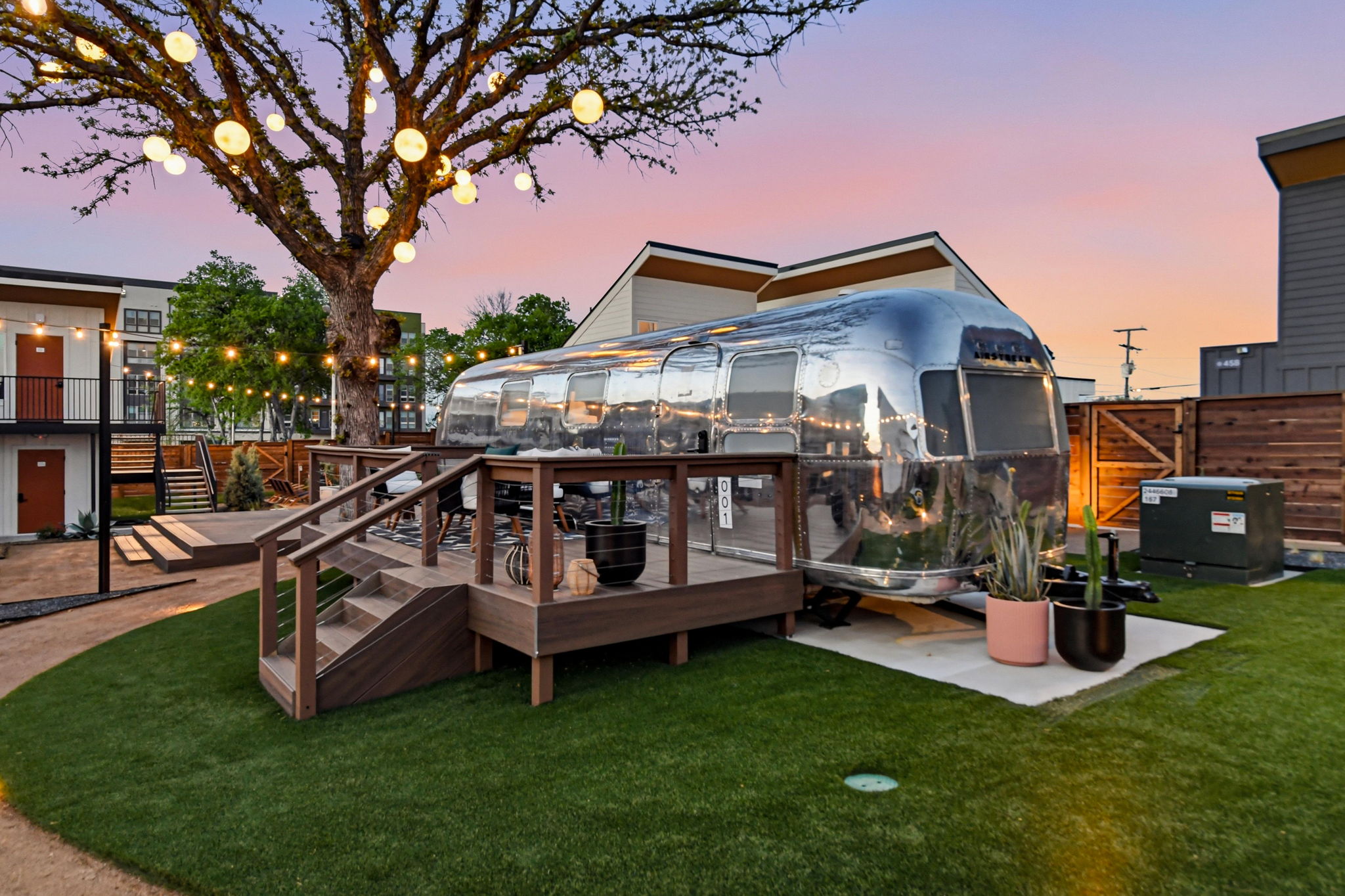 Hotel SOMA custom Airstream suite at dusk near the Fort Worth Stockyards