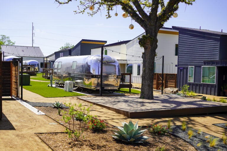 Custom Airstream suite with a private deck at Hotel SOMA in Fort Worth's South Main Village